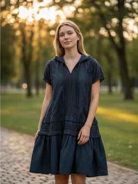 Anthropologie Dark Navy Lace-Trim Tiered Midi Dress